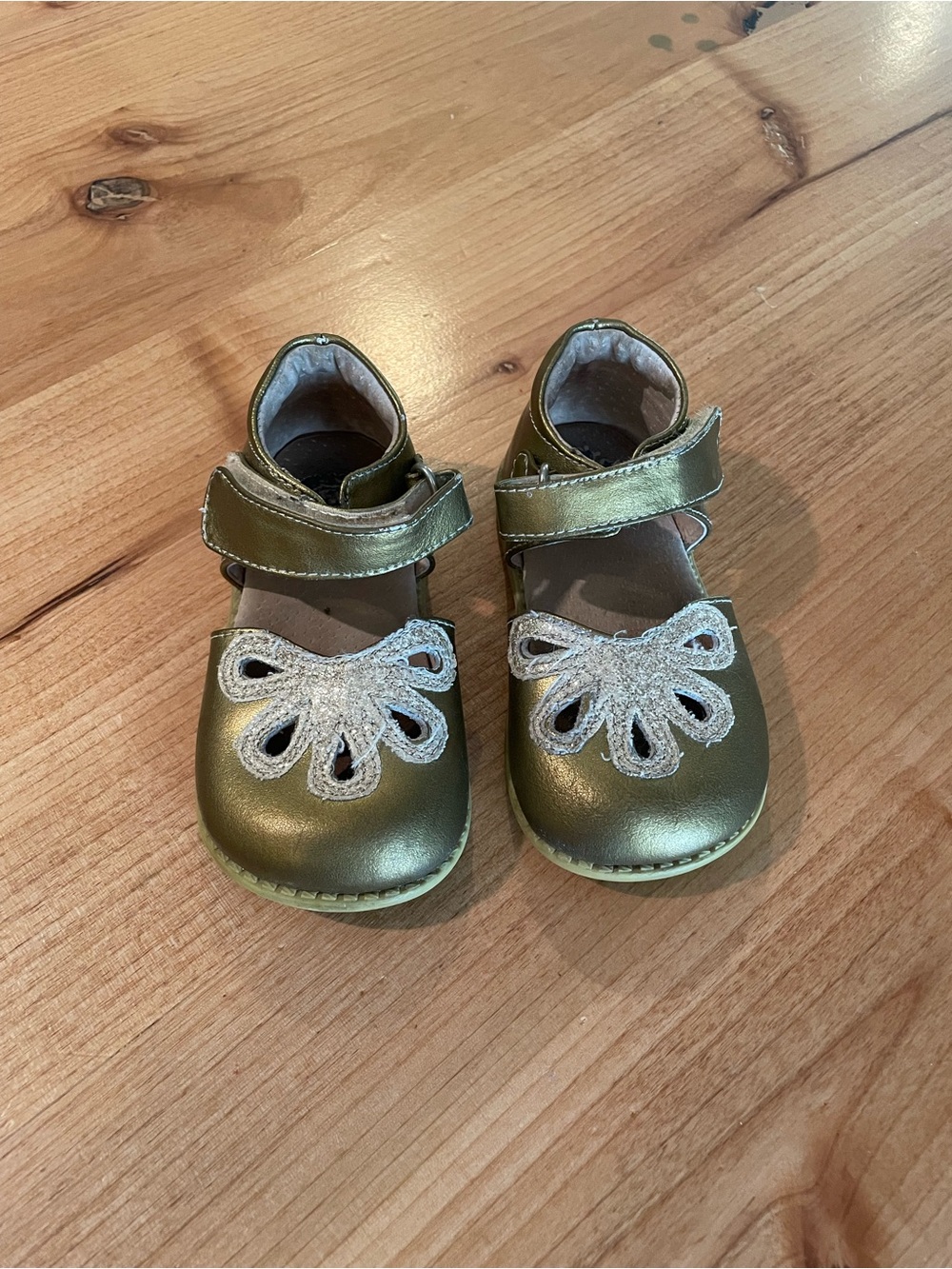 Livie & Luca Metallic Olive Mary Janes with Silver Bow Detail